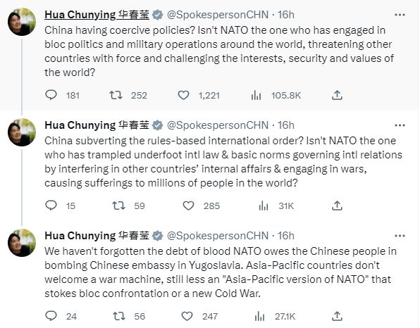 华春莹提到南斯拉夫事件，指中国没有忘记北约欠下中国人民的血债。 华春莹Twitter截图