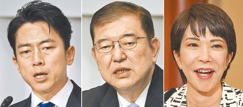 日本自民党27日举行总裁选举，小泉进次郎（左起）、石破茂、高市早苗呈「三强鼎立」态势，最后石破茂出线，当选自民党第28任总裁。（美联社）