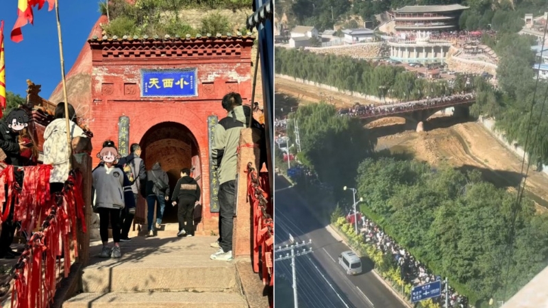 《黑神话：悟空》取景地之一的山西小西天昨日被游客逼爆。 影片截图